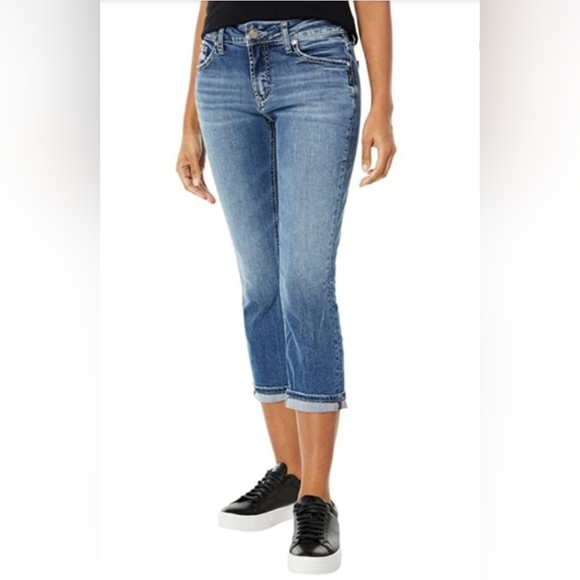 Silver Jeans Denim - New Silver Elyse Mid RiseCropped 5 Pocket Jeans Minimal Distressing Indigo Sz 26